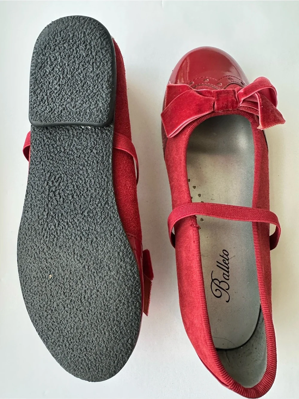 Girls Red Leather Mary Jane Dress Shoes with Velvet Bow